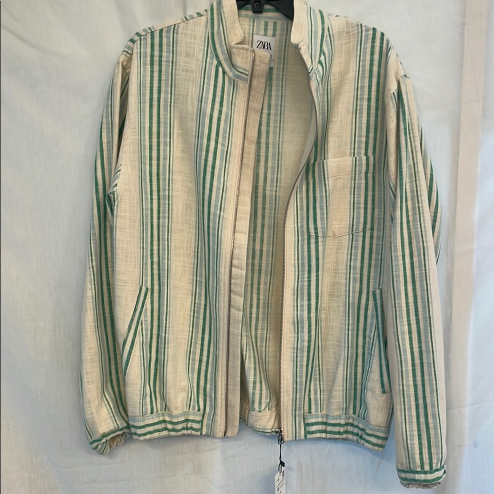 NWT Zara Green and Cream Striped Linen Jacket with Zipper
